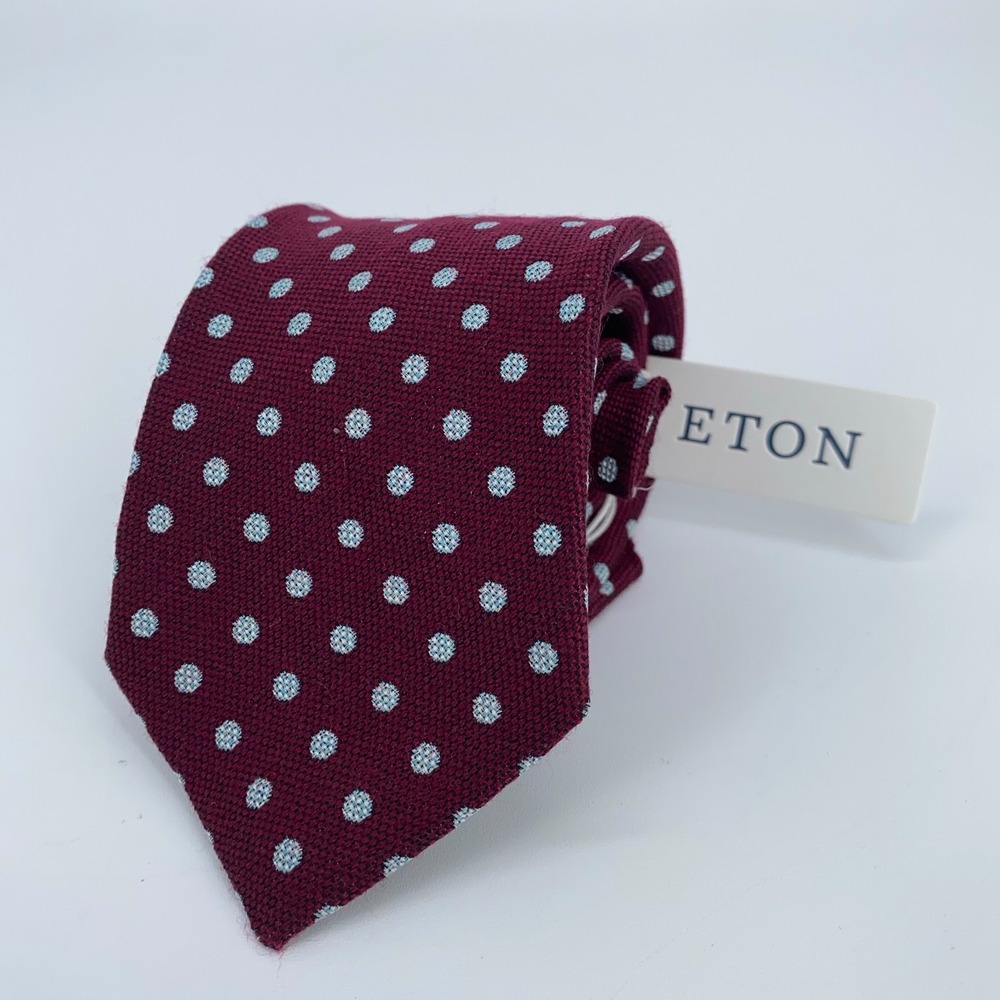 Eton Tie Mens One Size Maroon Blue Polka Dot Silk Classic Necktie Italy Made NWT